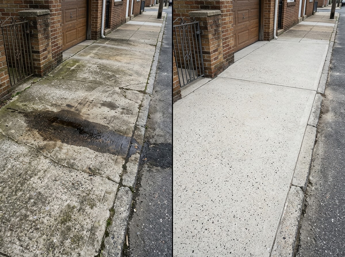 Before and after photo of a Baltimore City rowhome driveway after professional oil stain removal