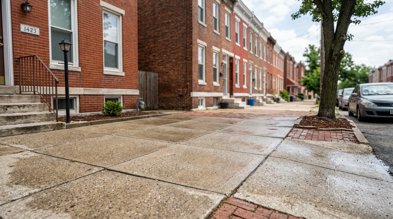 Clean concrete rowhouse driveway in Baltimore City after oil stain removal