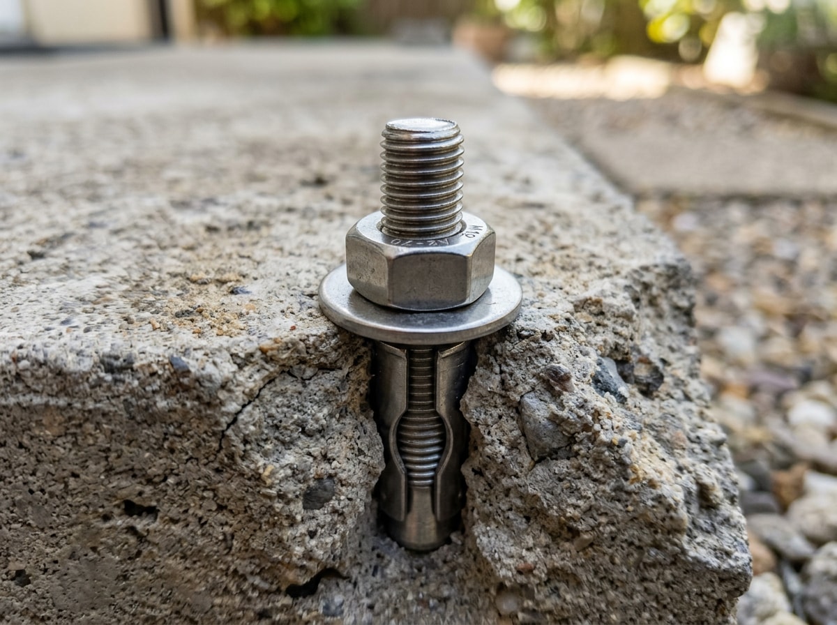 Close-up of a wedge anchor bolt installed in solid concrete showing the expansion clip and nut assembly