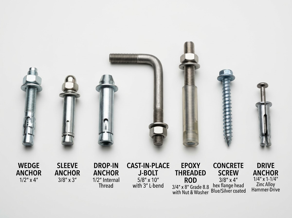 Side-by-side comparison chart of concrete anchor types showing load capacity, base material, and removability