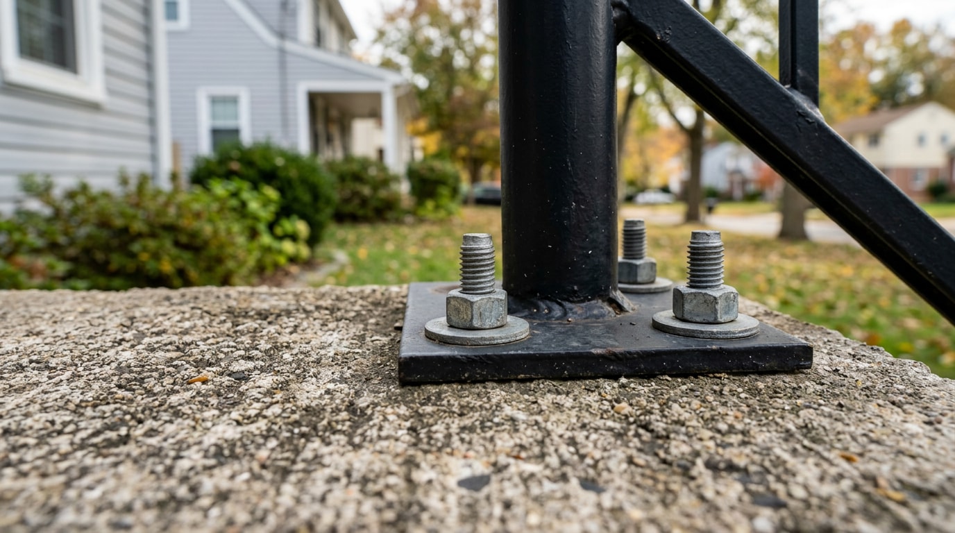 Metal handrail base plate secured to a concrete porch slab with wedge anchors