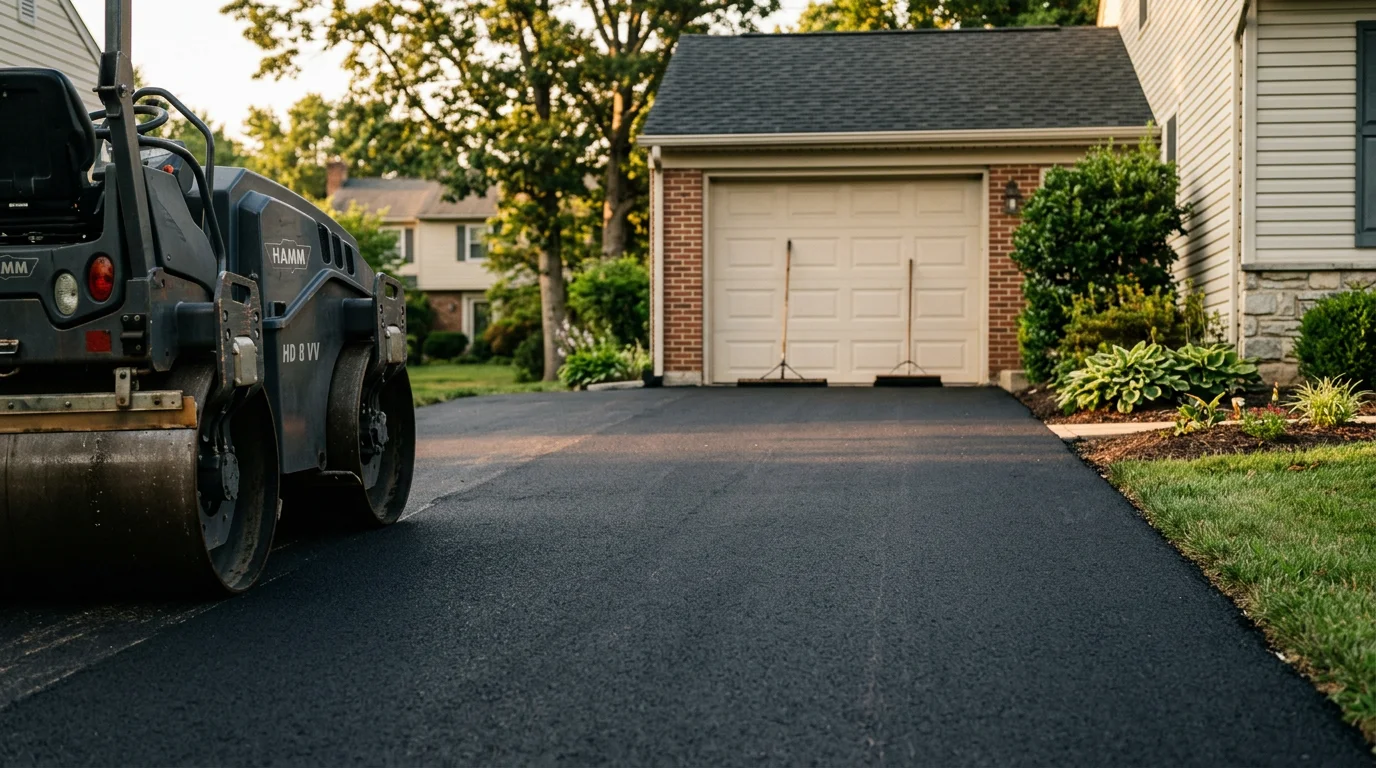 Professional asphalt paving crew laying fresh asphalt on a residential driveway