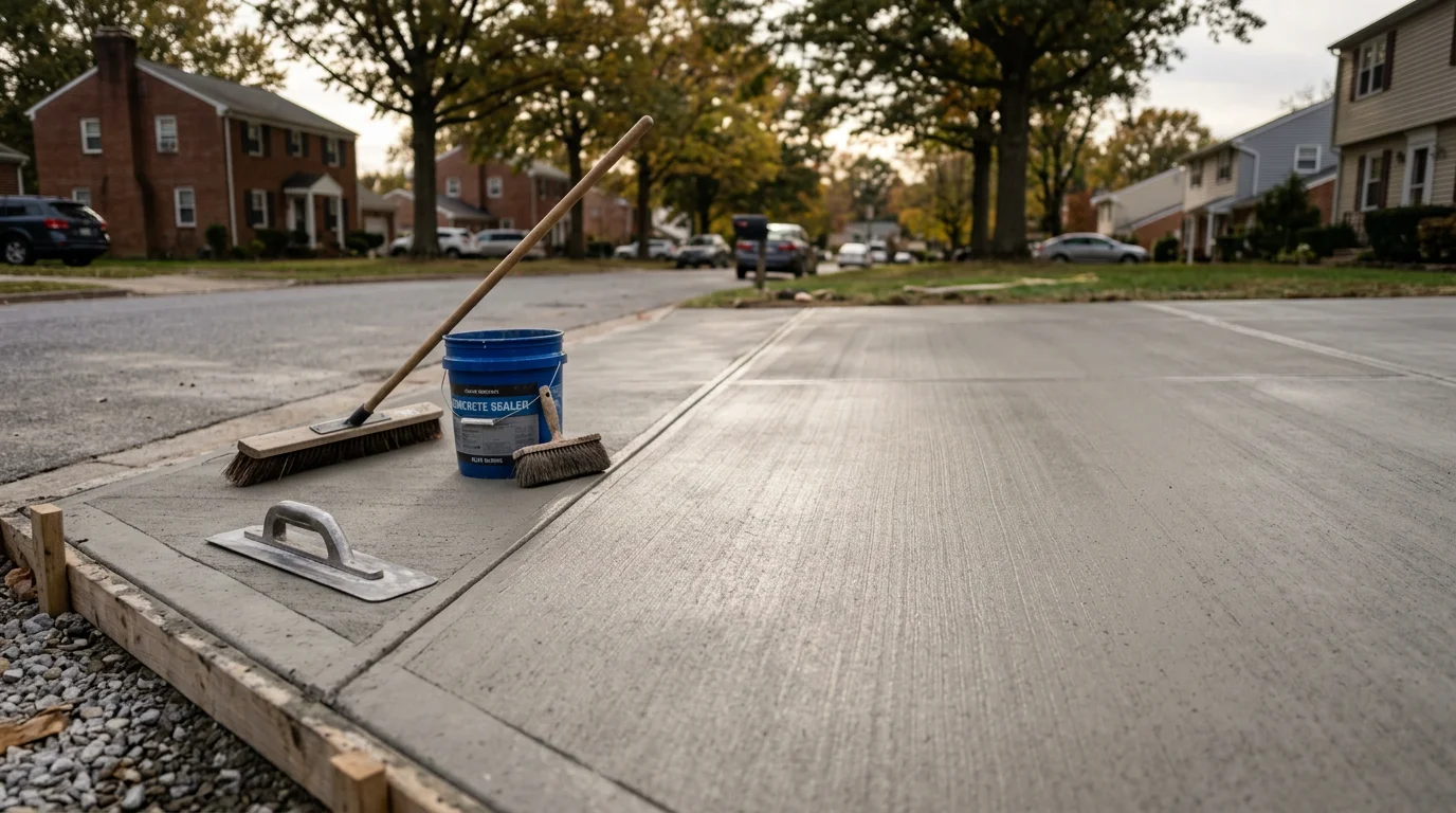 Finished concrete driveway with smooth gray surface at a residential home