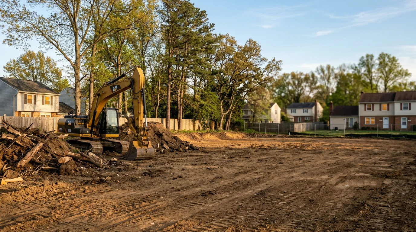 Excavation equipment clearing and preparing a residential lot for paving