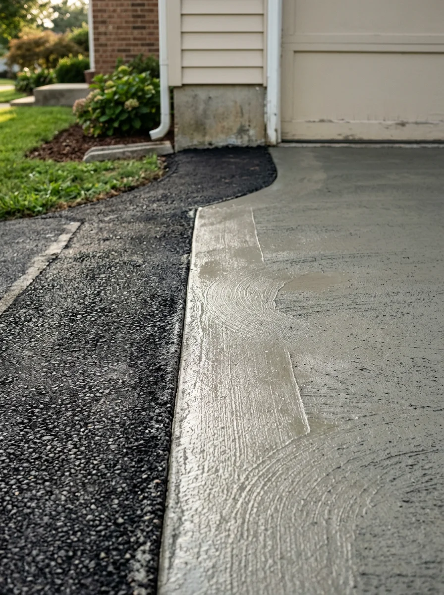 Close-up of a concrete pad and asphalt driveway apron meeting at a garage entrance on an Anne Arundel County home.