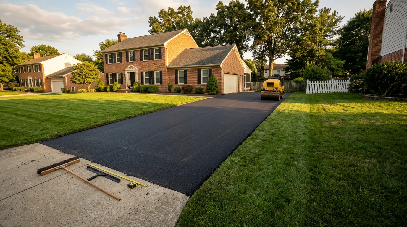 Freshly paved asphalt driveway on a suburban residential property in Anne Arundel County, Maryland, with clean edges and a smooth dark surface.