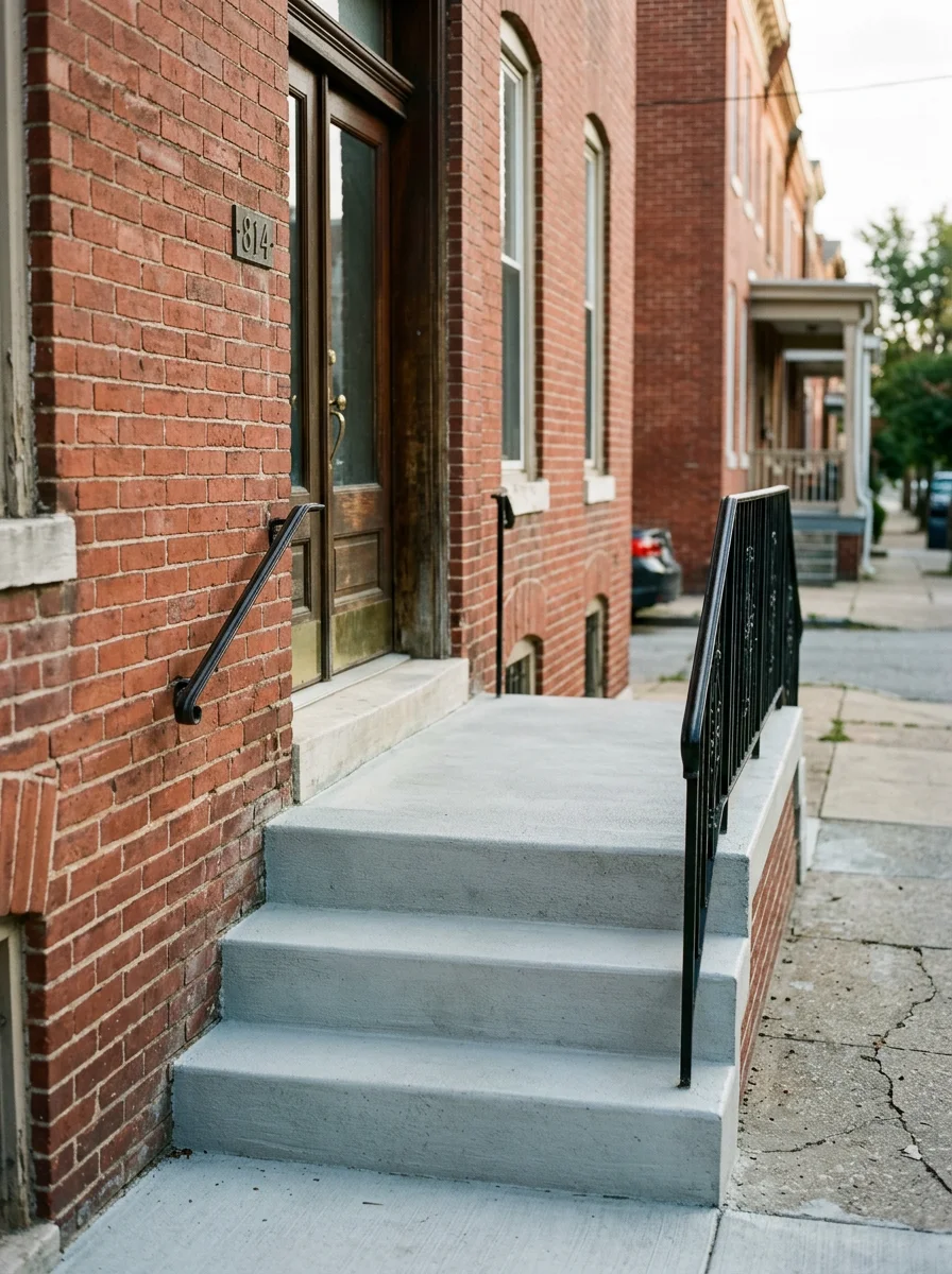 New concrete front stoop and steps on a Baltimore City rowhouse with a brick facade, showing a smooth finish and level surface.