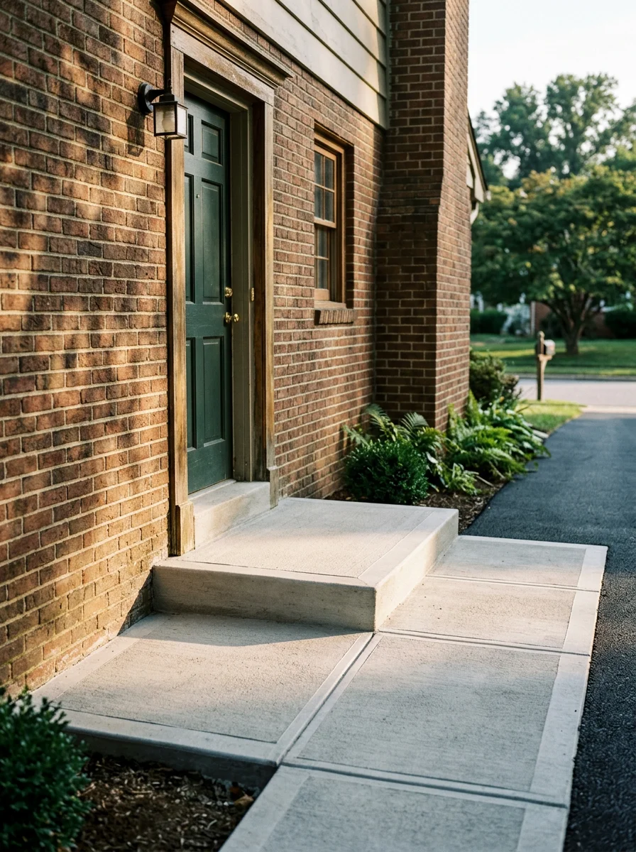 Finished concrete walkway and front stoop on a 1960s-era Baltimore County home with a freshly paved asphalt driveway visible in the background.