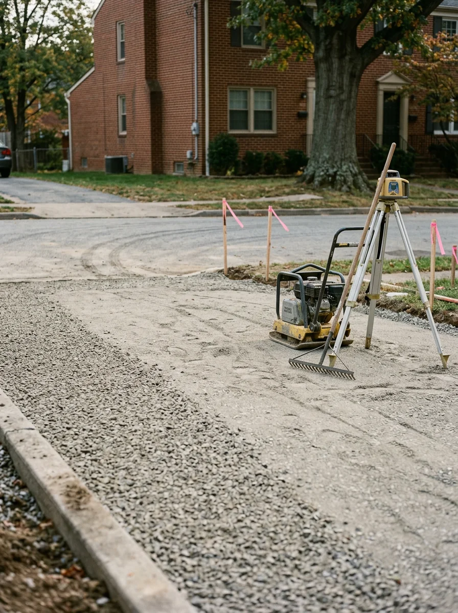 Compacted stone base being graded for a paving project in Baltimore County, Maryland