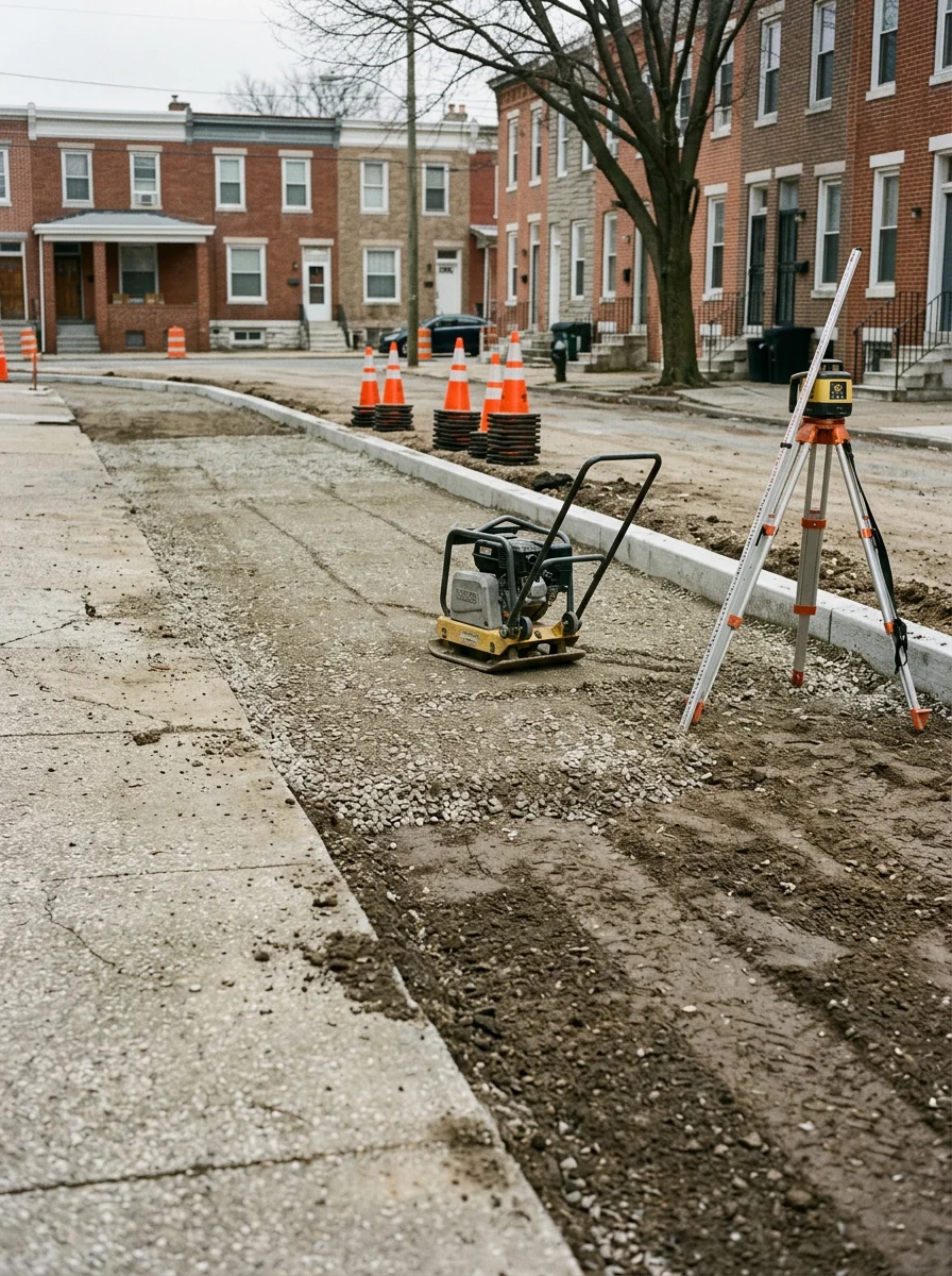Crew grading and compacting a site before asphalt paving in Baltimore