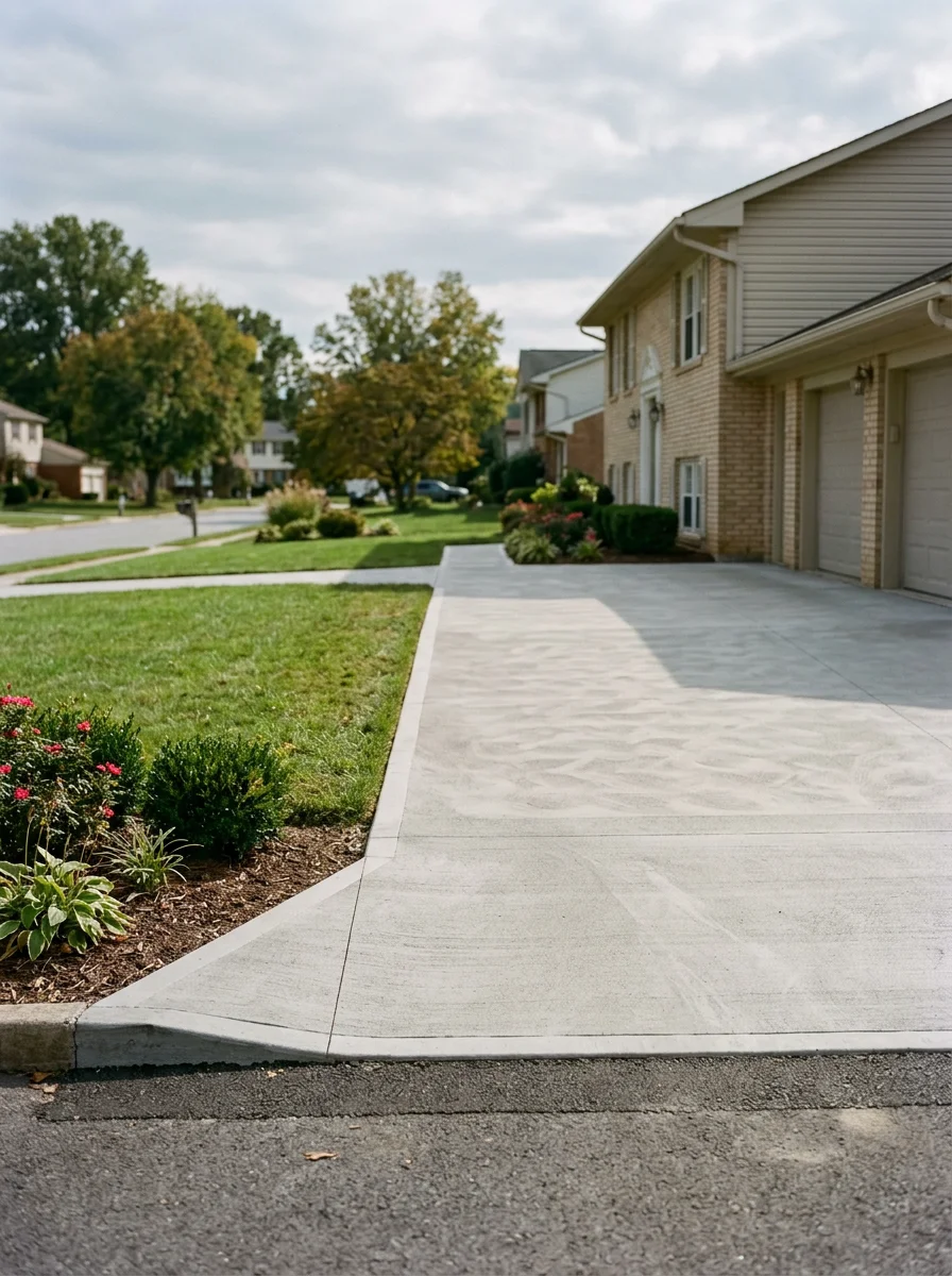 Concrete garage apron and driveway transition on a 1970s-era Glen Burnie home, showing a smooth finished surface and level joint between materials.