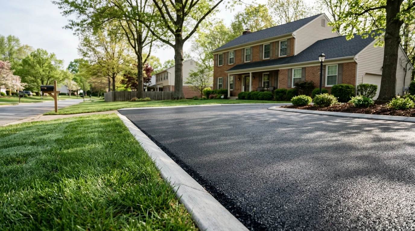Asphalt driveway replacement on a single-family home in a Glen Burnie, Maryland residential neighborhood, with fresh dark asphalt and clean edges at the curb.