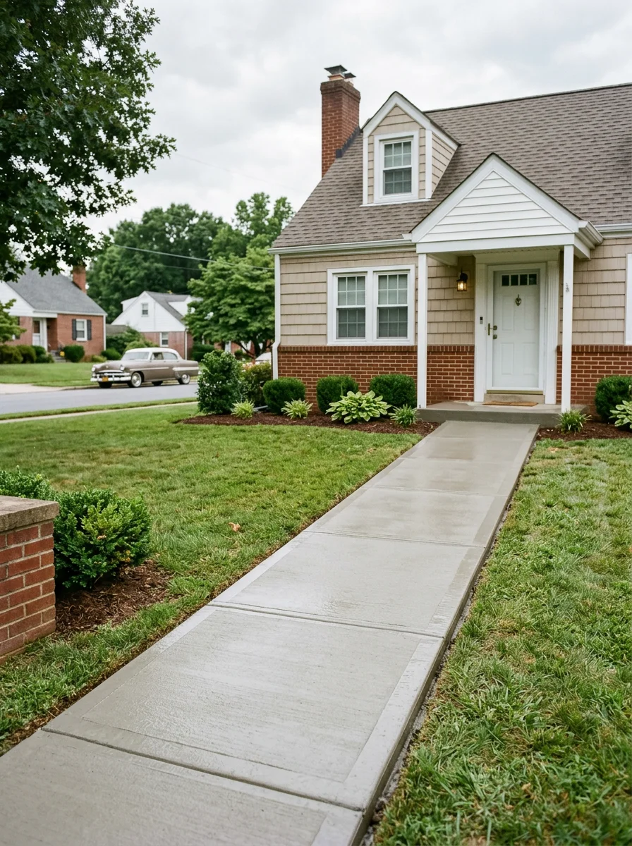 Concrete front walkway on a 1950s Cape Cod-style home in Middle River, Maryland, with a freshly finished surface leading to the front entrance.