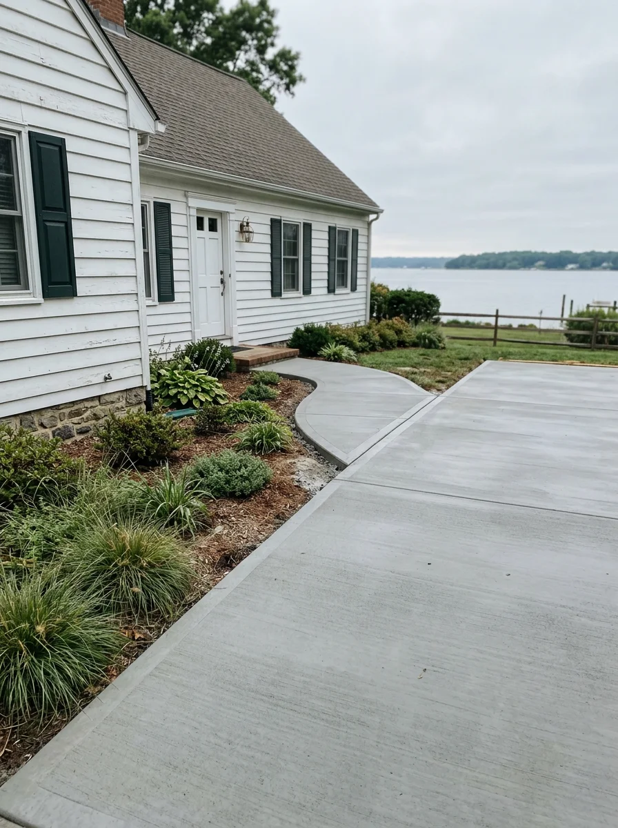 Concrete pad and walkway on a Cape Cod-style home in Pasadena, Maryland, with the Chesapeake Bay waterfront visible in the background.