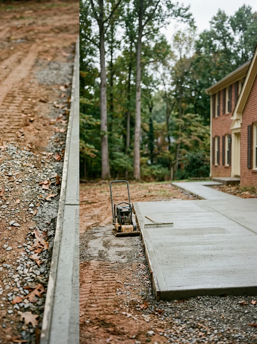 Concrete driveway and site grading work on a wooded lot in Pikesville, Maryland