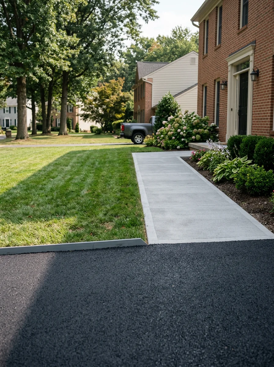 Concrete walkway leading to the front entrance of a Severn, Maryland home, with a freshly paved asphalt driveway visible alongside the property.