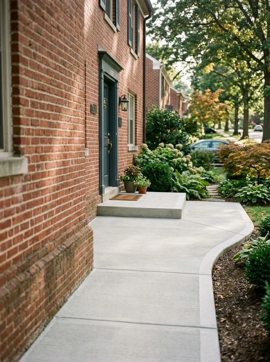 Concrete front walkway and stoop on a 1940s-era brick home in the Rodgers Forge neighborhood of Towson, Maryland, with a smooth finished surface.