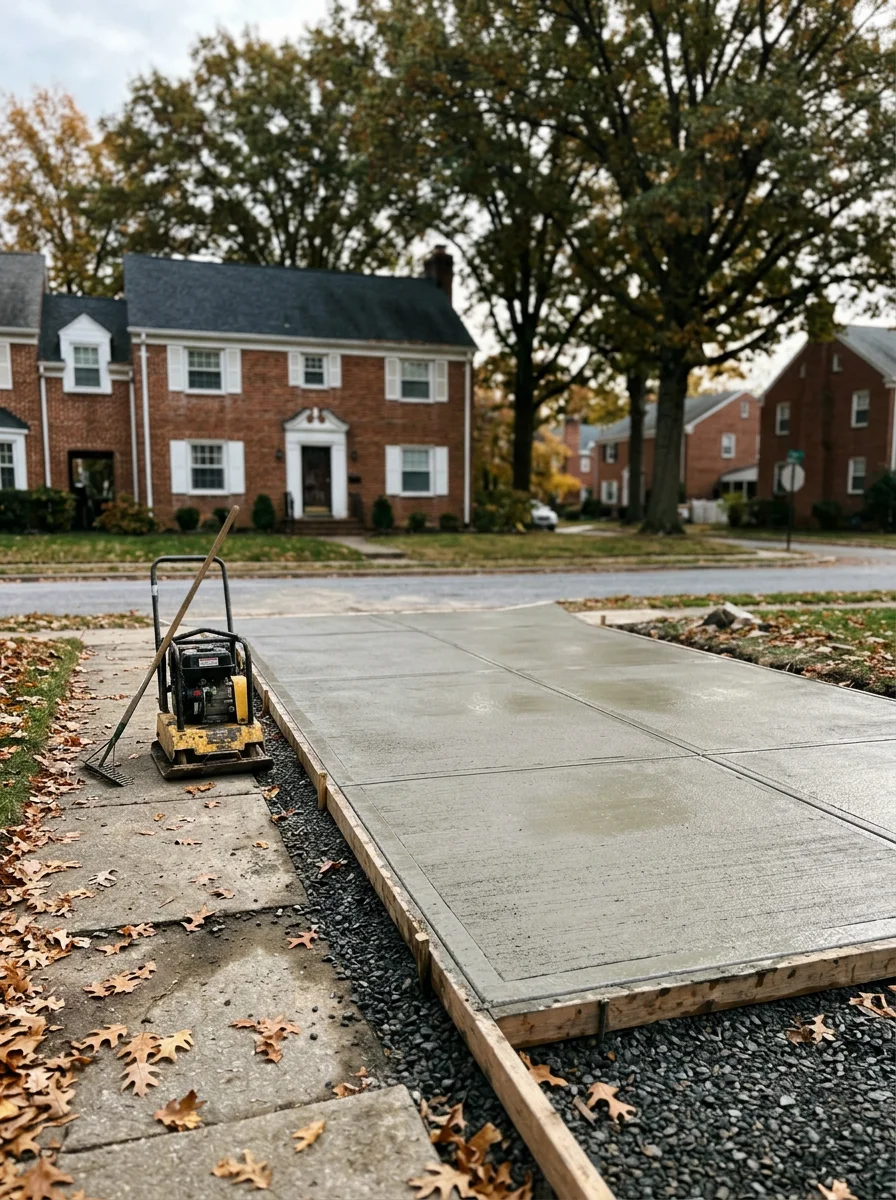 Freshly poured concrete driveway with compacted base in a Towson, MD neighborhood