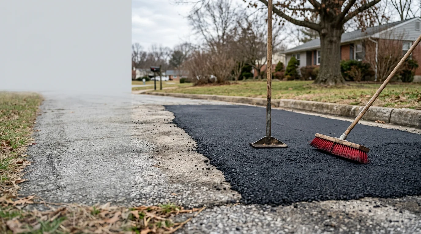 Close-up of a freshly patched asphalt driveway in Anne Arundel County, showing a smooth, compacted repair section bordered by existing pavement. A residential home is visible in the background.