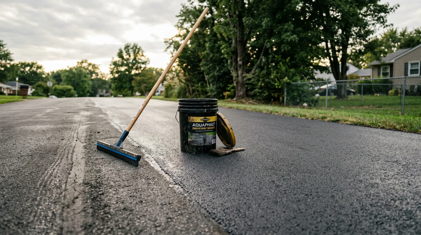 A freshly seal coated residential driveway in Anne Arundel County, Maryland, showing a uniform dark black surface with clean edges along the curb and lawn. The sealed asphalt contrasts with the surrounding concrete and landscaping, reflecting a well-maintained property.