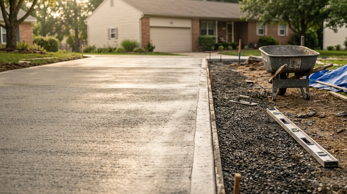 A freshly poured concrete driveway in front of a residential home in Anne Arundel County, Maryland, with clean edges, a smooth surface finish, and proper slope for drainage.