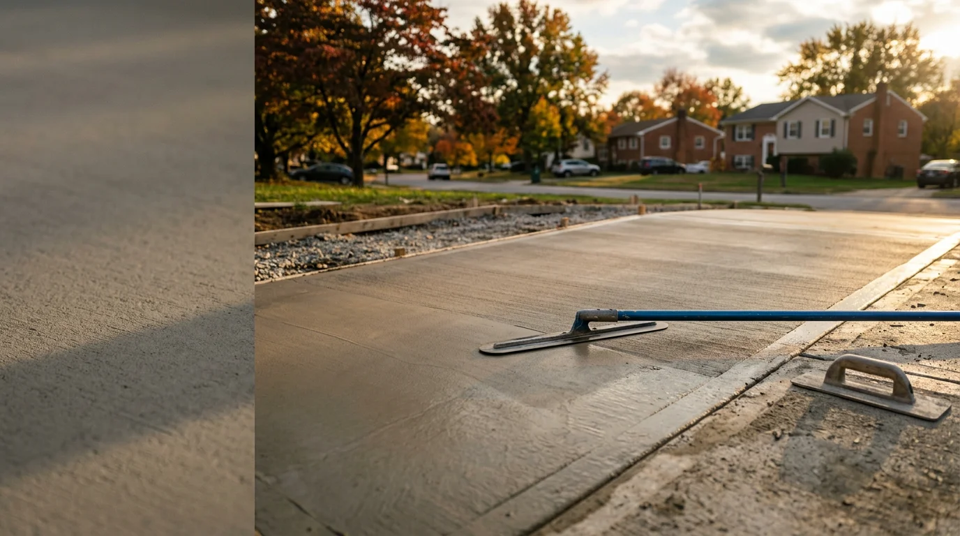 A freshly finished concrete surface with a uniform broom texture outside a residential property in Anne Arundel County, Maryland. The slab edges are clean and the surface shows consistent texture from edge to edge.