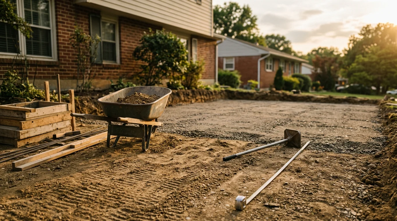 Freshly poured and finished concrete patio behind a residential home in Anne Arundel County, Maryland. The slab is level and broom-finished, with a clean edge bordering a backyard lawn.