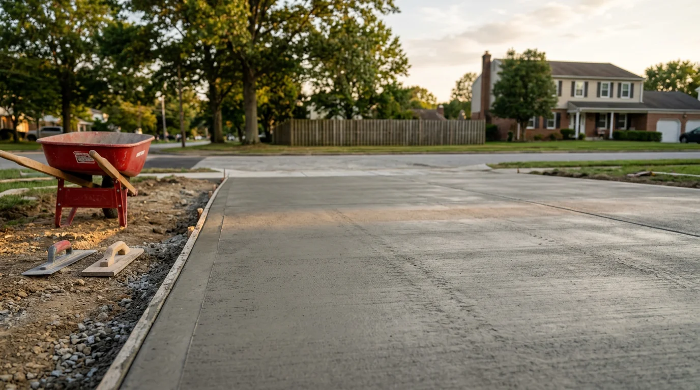 Freshly poured and finished concrete paving surface on a residential property in Anne Arundel County, Maryland. The smooth gray concrete extends from the street edge toward the home with clean, defined edges.