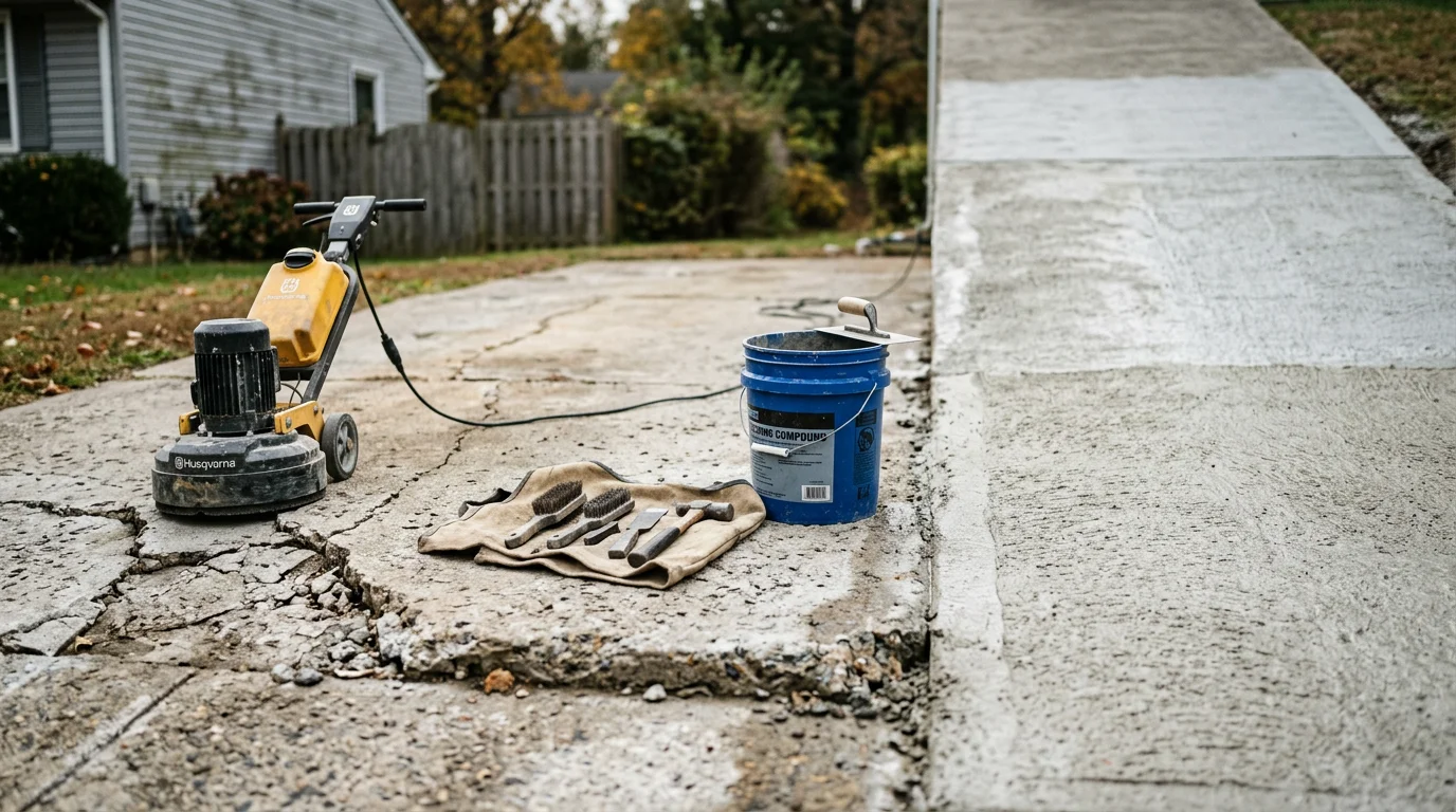 A repaired concrete driveway apron in Anne Arundel County showing a smooth, crack-free surface after spalling and freeze-thaw damage was corrected. The surrounding residential neighborhood is visible in the background.