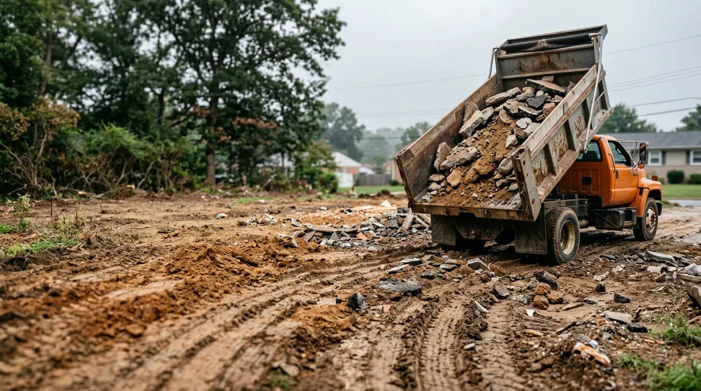 An excavation crew loading broken concrete and mixed construction debris into a dump truck on a residential lot in Anne Arundel County, Maryland. The cleared ground is visible behind the equipment, ready for the next phase of site work.