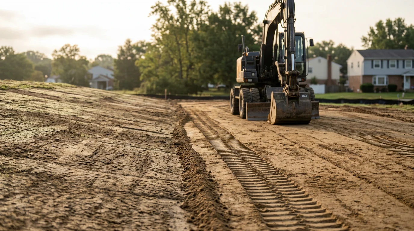 A graded and compacted dirt surface on a residential property in Anne Arundel County, showing a smooth, level base ready for paving. The surrounding area reflects the clay-heavy soil common to the region.