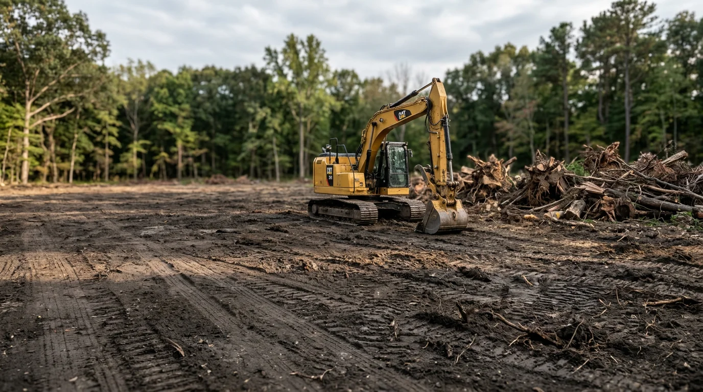 A cleared residential lot in Anne Arundel County, Maryland, with trees and brush removed and bare ground exposed, ready for excavation or construction work.