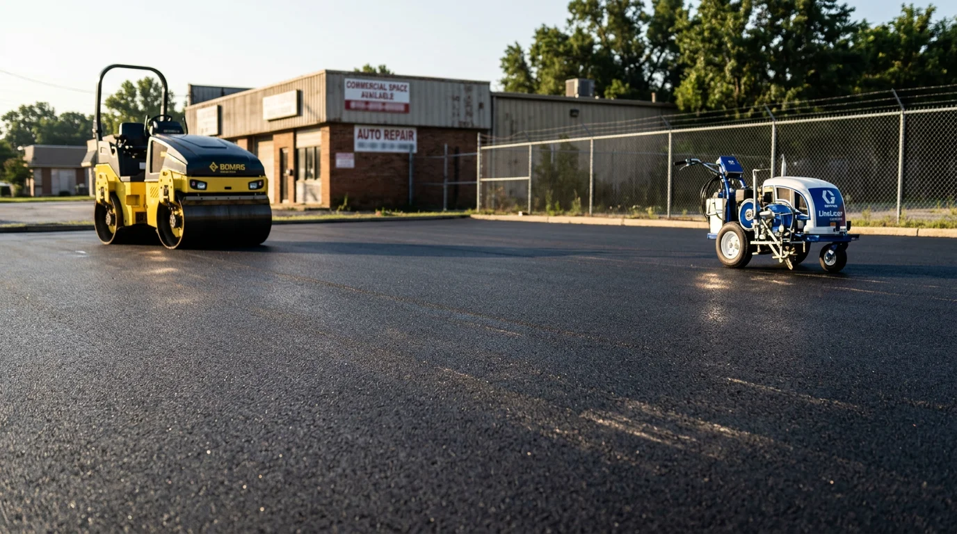 Freshly paved commercial asphalt parking lot with crisp white line striping at a business property in Anne Arundel County, Maryland. The smooth, dark asphalt surface shows proper grading with no standing water or surface cracking.