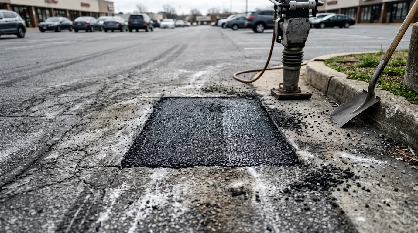 A freshly patched asphalt pothole on a residential driveway in Anne Arundel County, showing a smooth, compacted repair flush with the surrounding pavement surface.