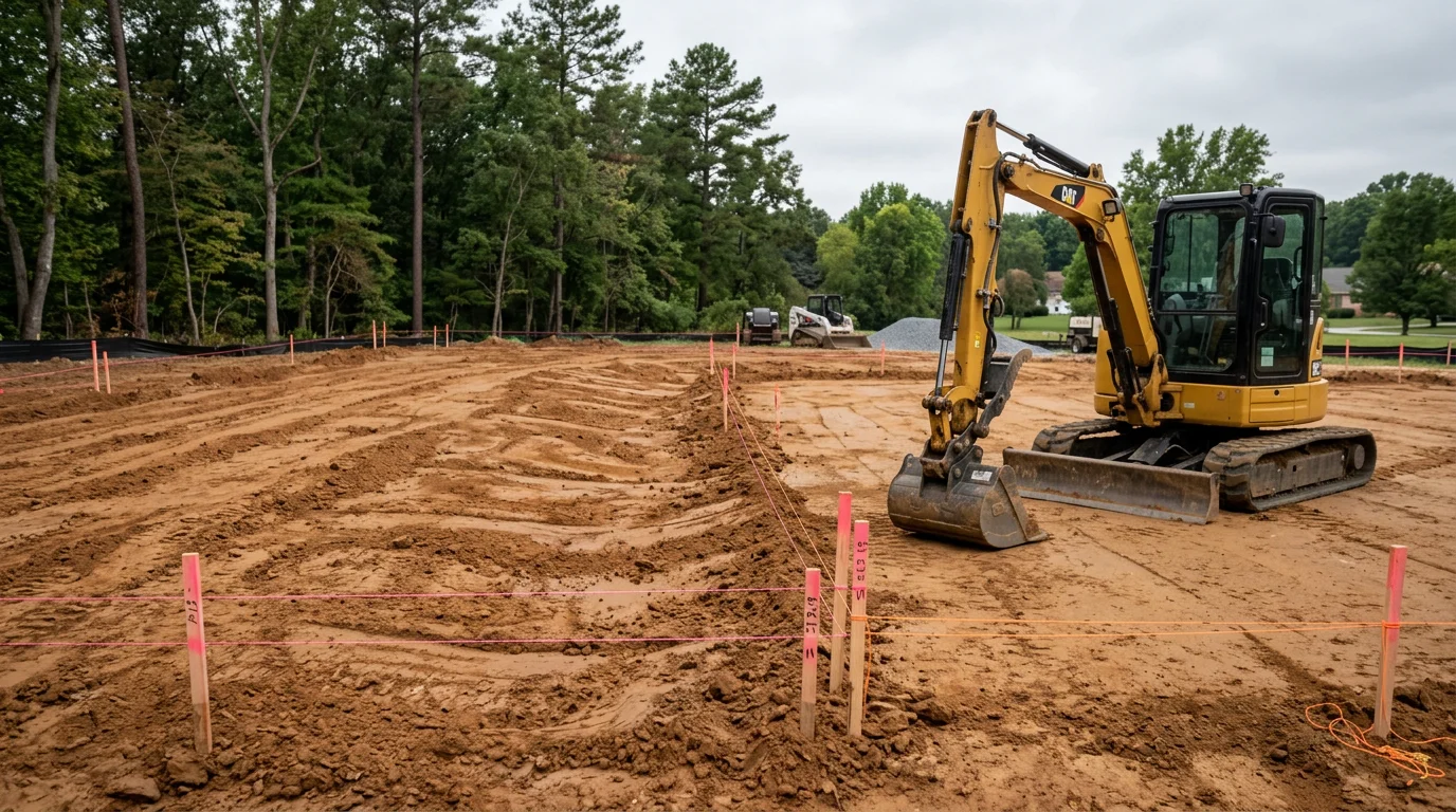 Heavy excavation equipment shaping and leveling a raw residential lot in Anne Arundel County, Maryland, with exposed soil graded and ready for construction. The site shows cleared earth and a defined slope prepared for a foundation or driveway installation.