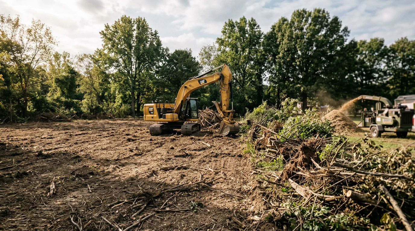 A cleared residential lot in Anne Arundel County after vegetation removal, showing open ground where thick brush, vines, and woody overgrowth have been cut and removed. Heavy equipment from SEJ Paving is visible at the edge of the cleared area.